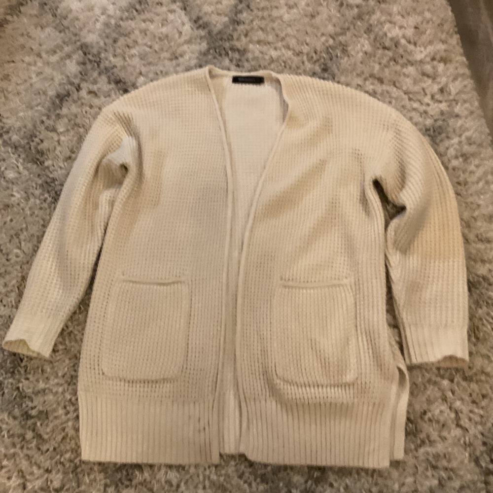 Merokeety Cream Waffle Knit Open Front Cardigan XL Long Sleeve‎ Pockets Slit Hem